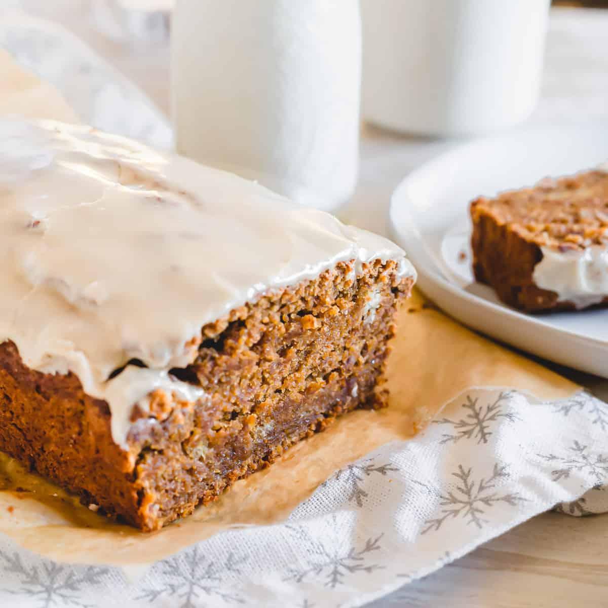 Loaf of gingerbread banana bread with molasses and gingerbread spices.