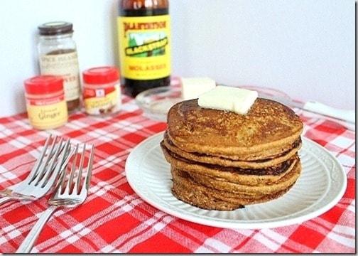 Gingerbread pancakes combined with pumpkin make a hearty and cozy fall or winter breakfast.