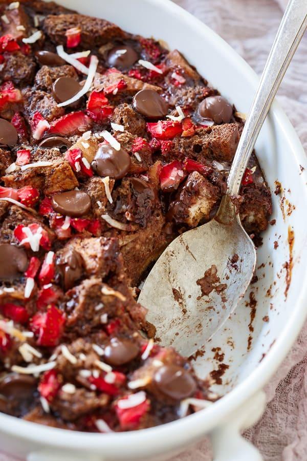 This chocolate strawberry bread pudding can be a decadent breakfast (perfect for Valentine's Day!) or a deliciously chocolaty dessert.