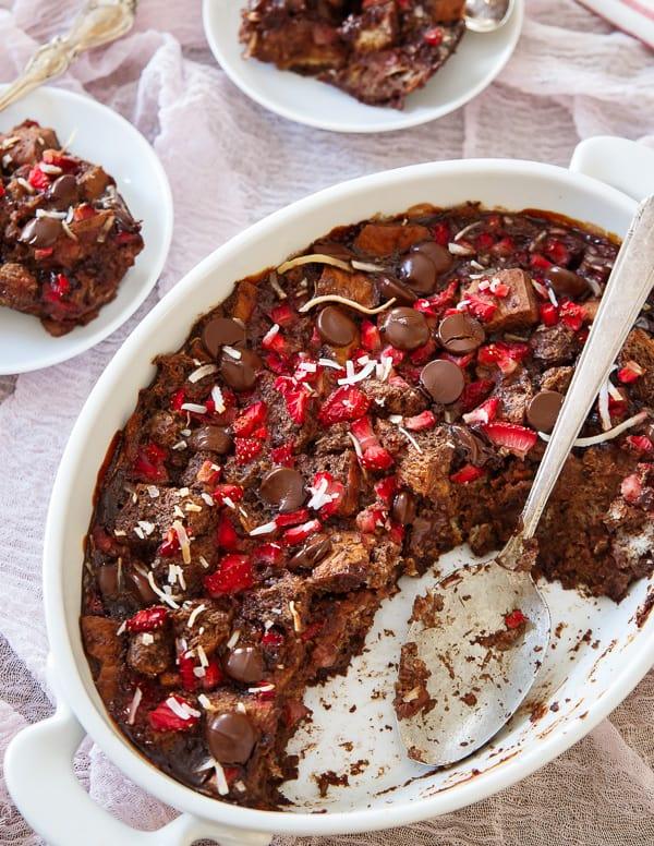This Chocolate Strawberry Bread Pudding is gluten free and makes the perfect Valentine's Day dessert!