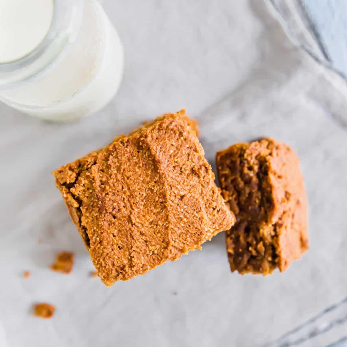 Soft, chewy and moist gluten-free pumpkin pie bars go perfectly with a glass of milk.