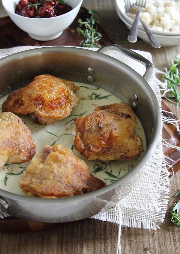Fried chicken with goat cheese and cherry tarragon sauce