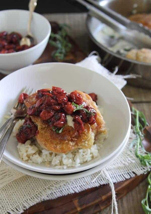 Goat Cheese Fried Chicken with Cherry Tarragon Sauce