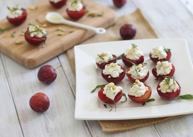 Goat cheese honey stuffed plums