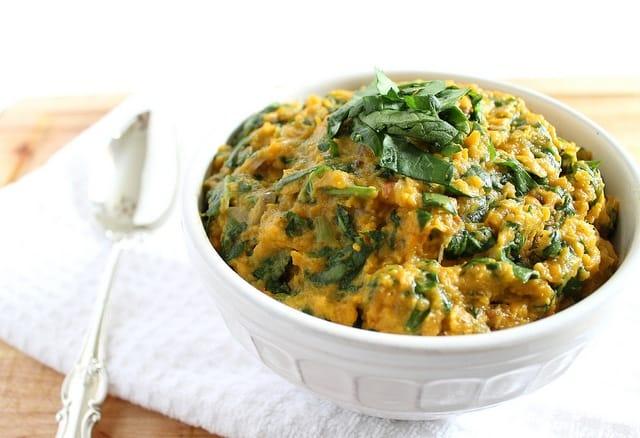 Spinach and goat cheese mashed sweet potatoes