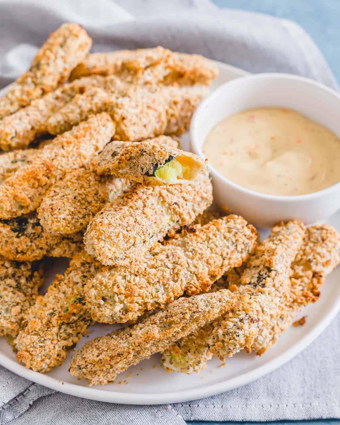 Inside of a crispy oven baked vegan and gluten-free zucchini fry.