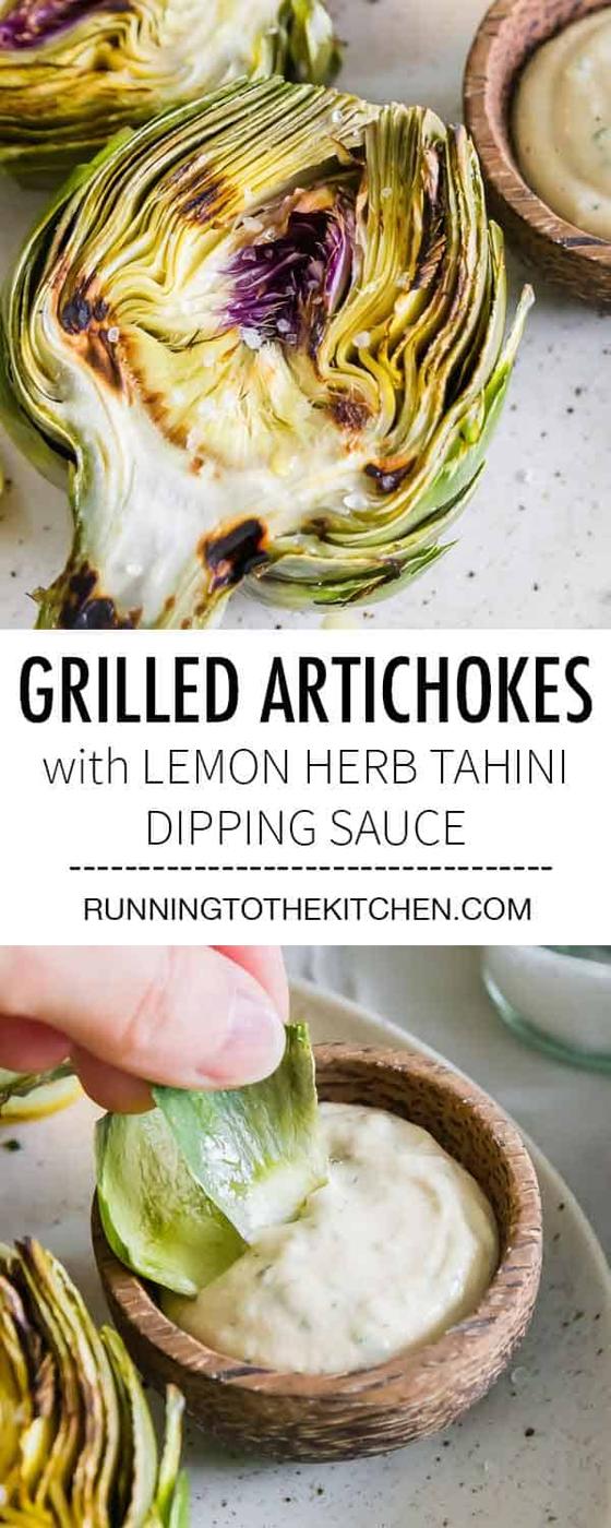 These easy grilled artichokes are a great way to enjoy this spring vegetable. The smoky char from the grill goes perfectly with the bright lemon herb tahini dipping sauce.