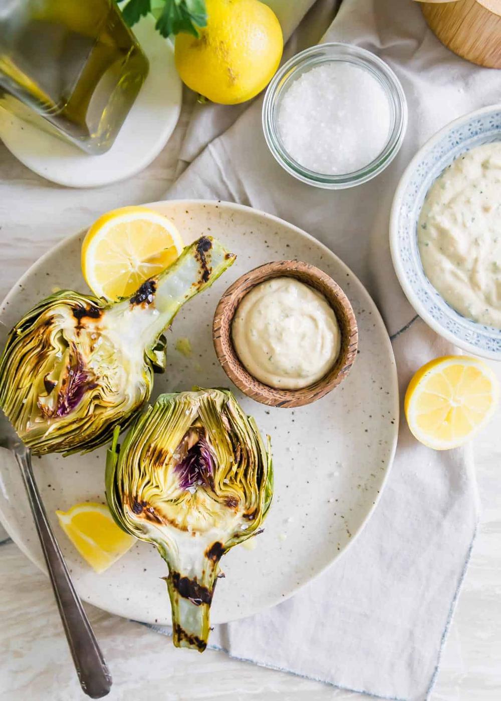 Grilled Artichokes with Lemon Herb Tahini Dipping Sauce