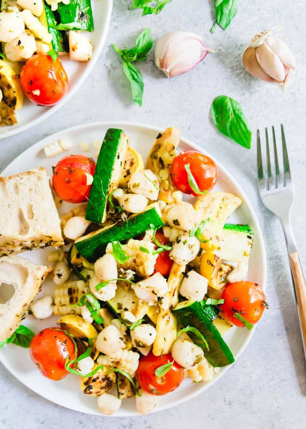 Grilled Basil Butter Bay Scallops with Summer Vegetables