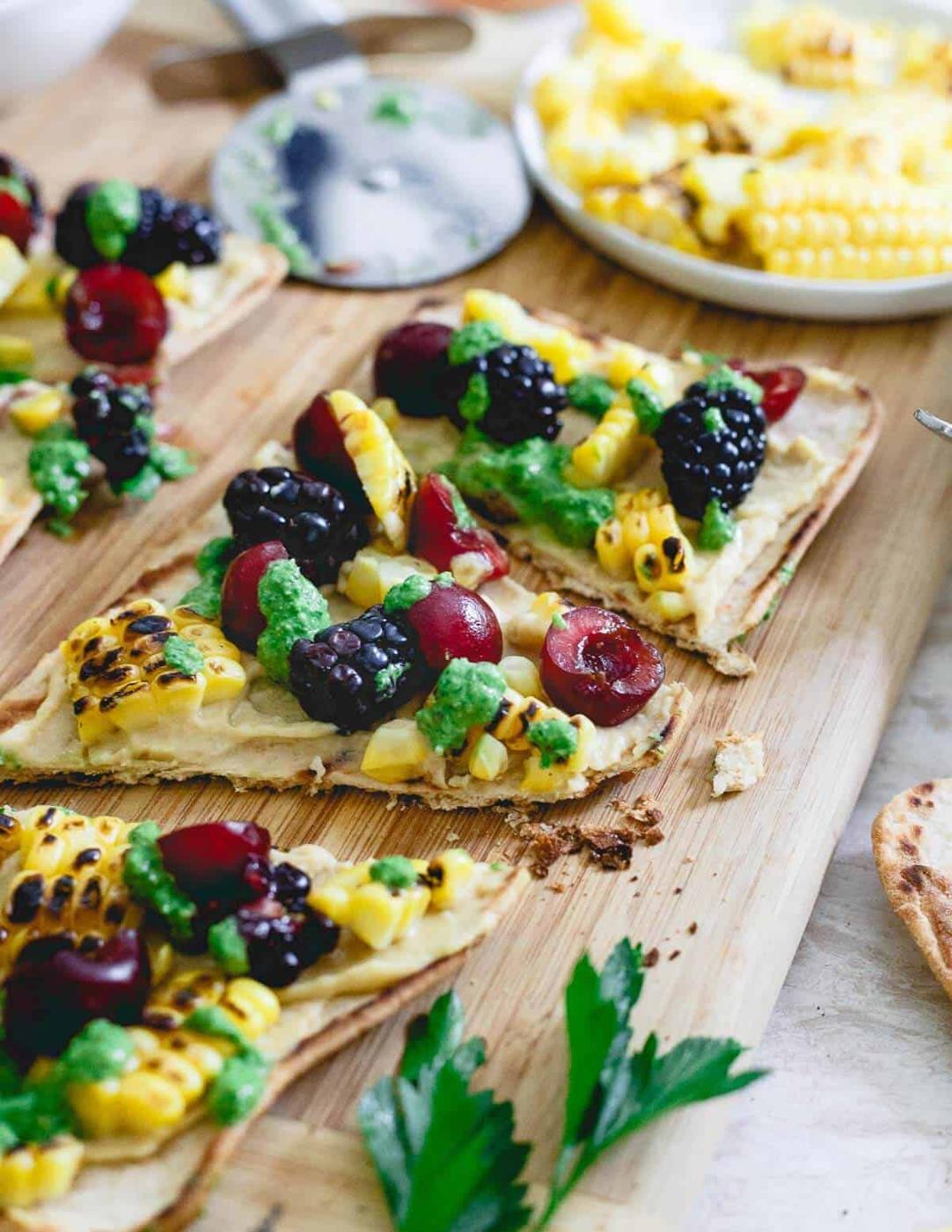 Hummus Flatbread with Grilled Corn and Berries