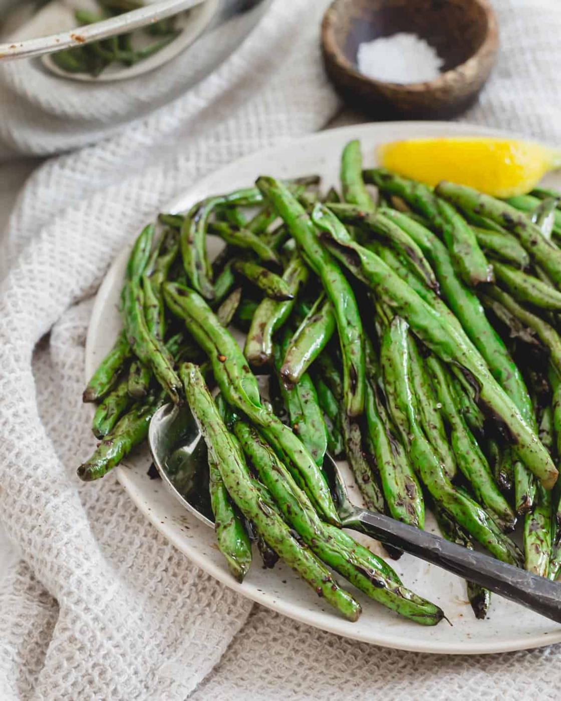 Grilled green bean side dish for easy summer meals.