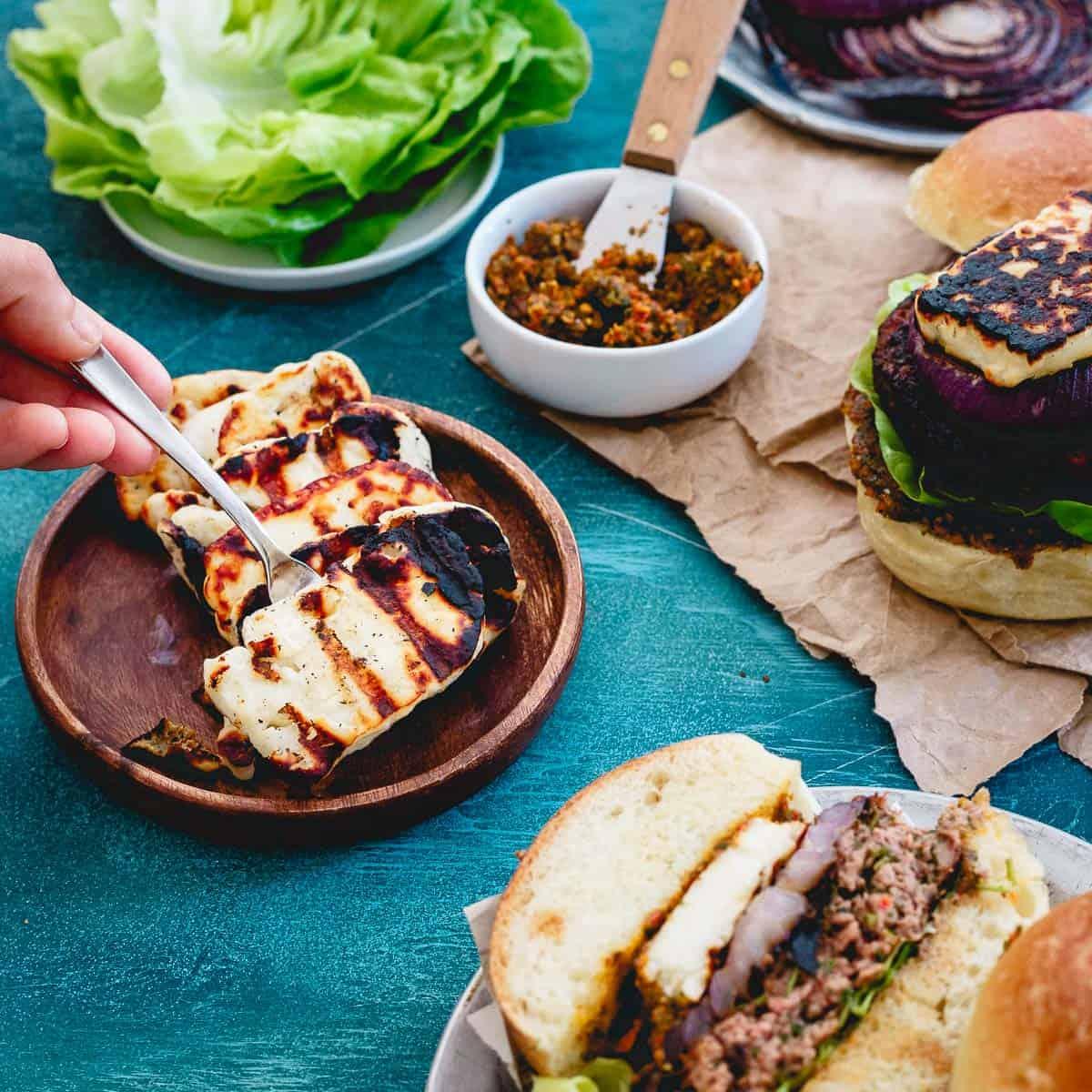 Add some grilled halloumi cheese to your lamb burger for a delicious salty savory bite.