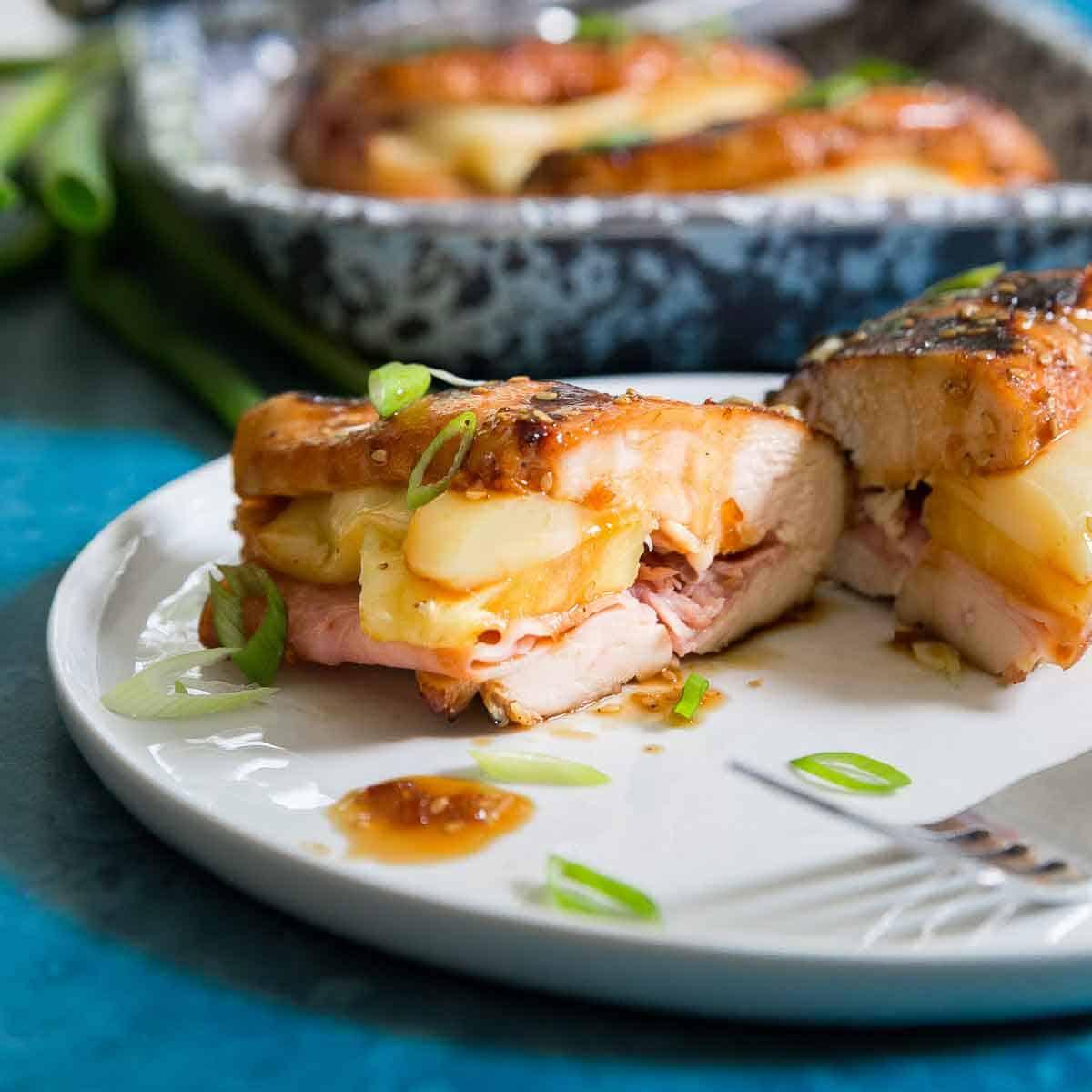 Stuffed Hawaiian chicken breast with ham cheese and pineapple made on the BBQ.