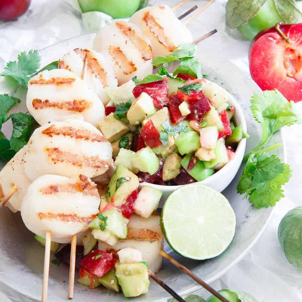 Grilled Scallops with Tomatillo Plum Salsa