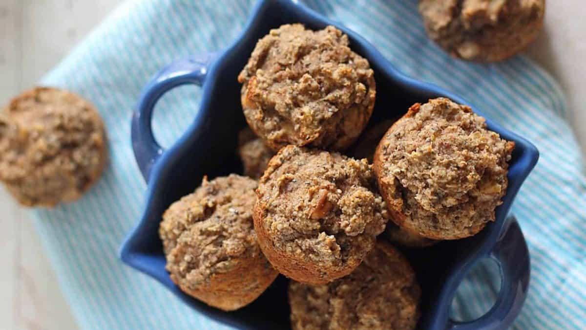 Banana chia bites in a blue bowl.