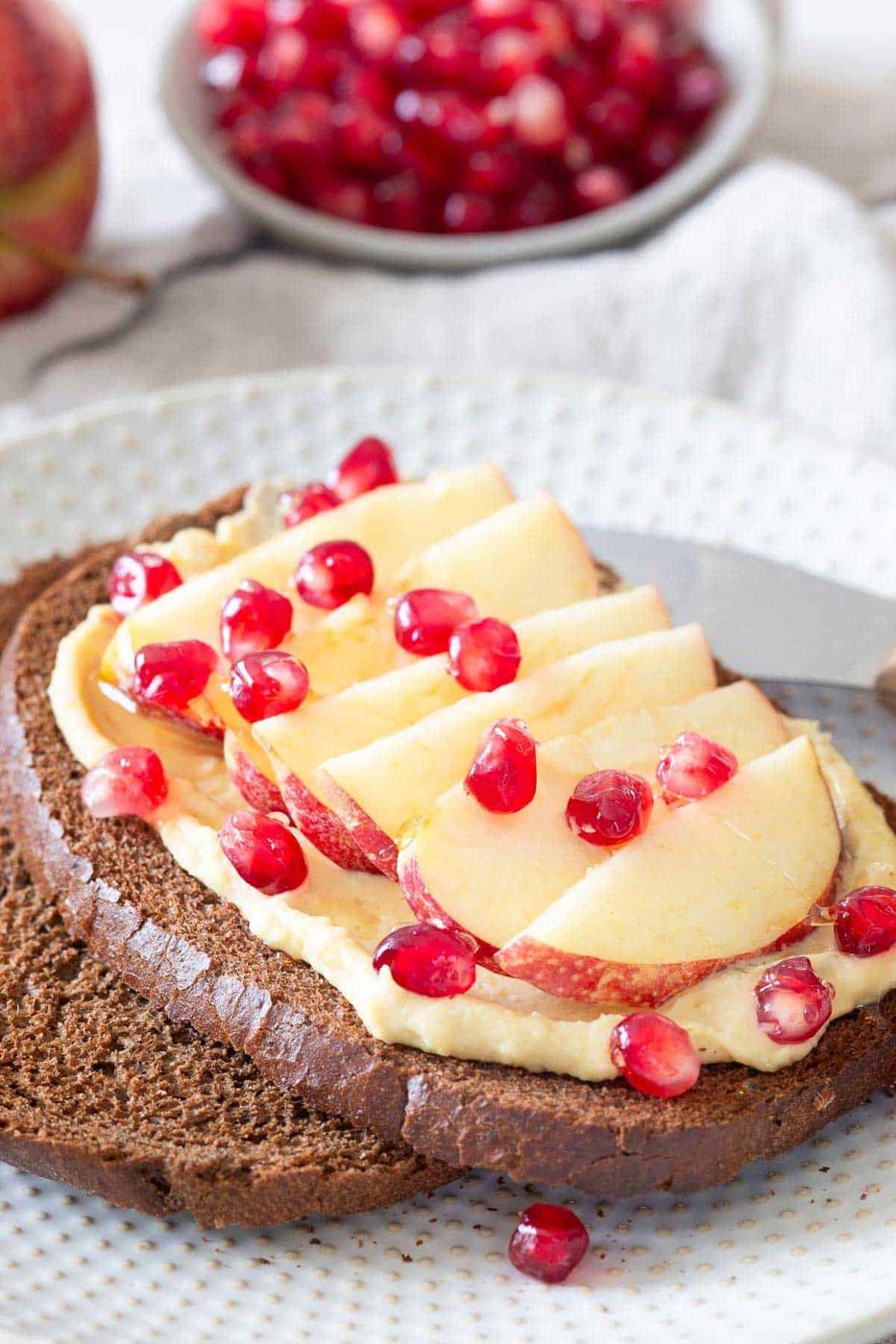 Honey Apple Hummus Toast with Pomegranates