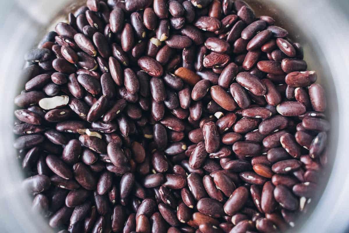 A close-up view of a large pile of uncooked red kidney beans inside a transparent container, filling most of the frame.