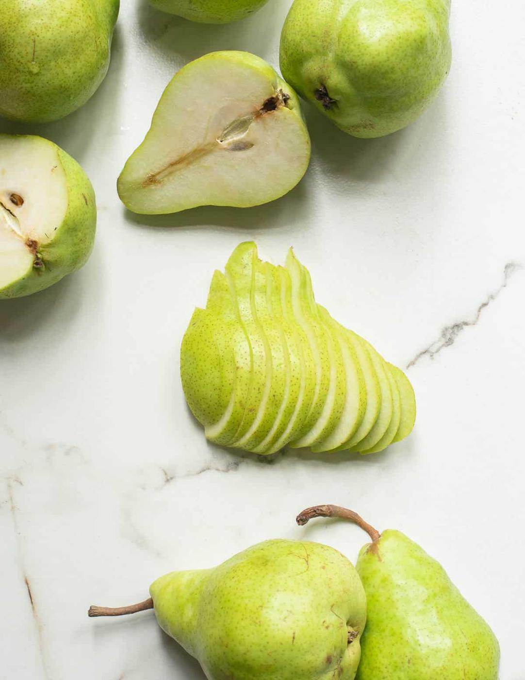 Pears cut into thin slices.