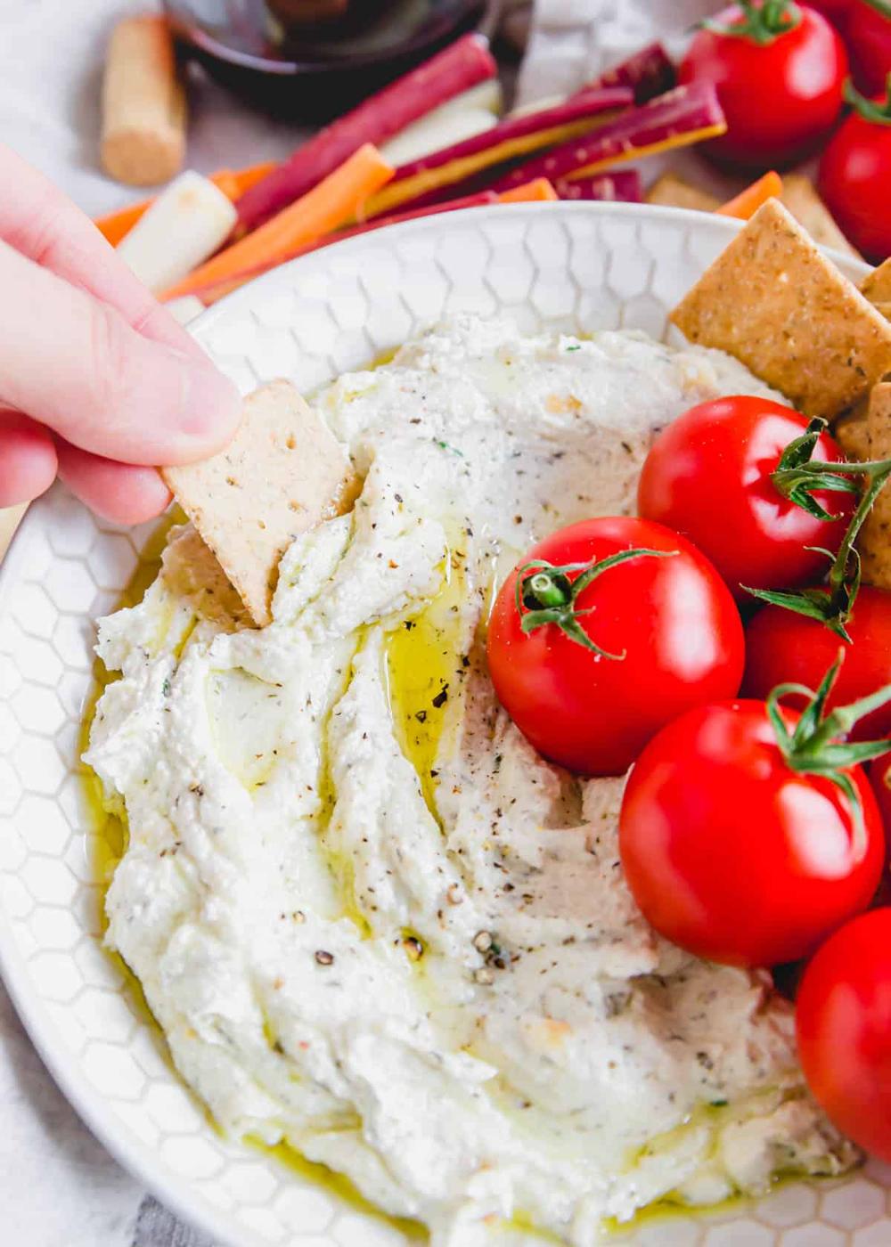 Roasted garlic whipped goat cheese dip.