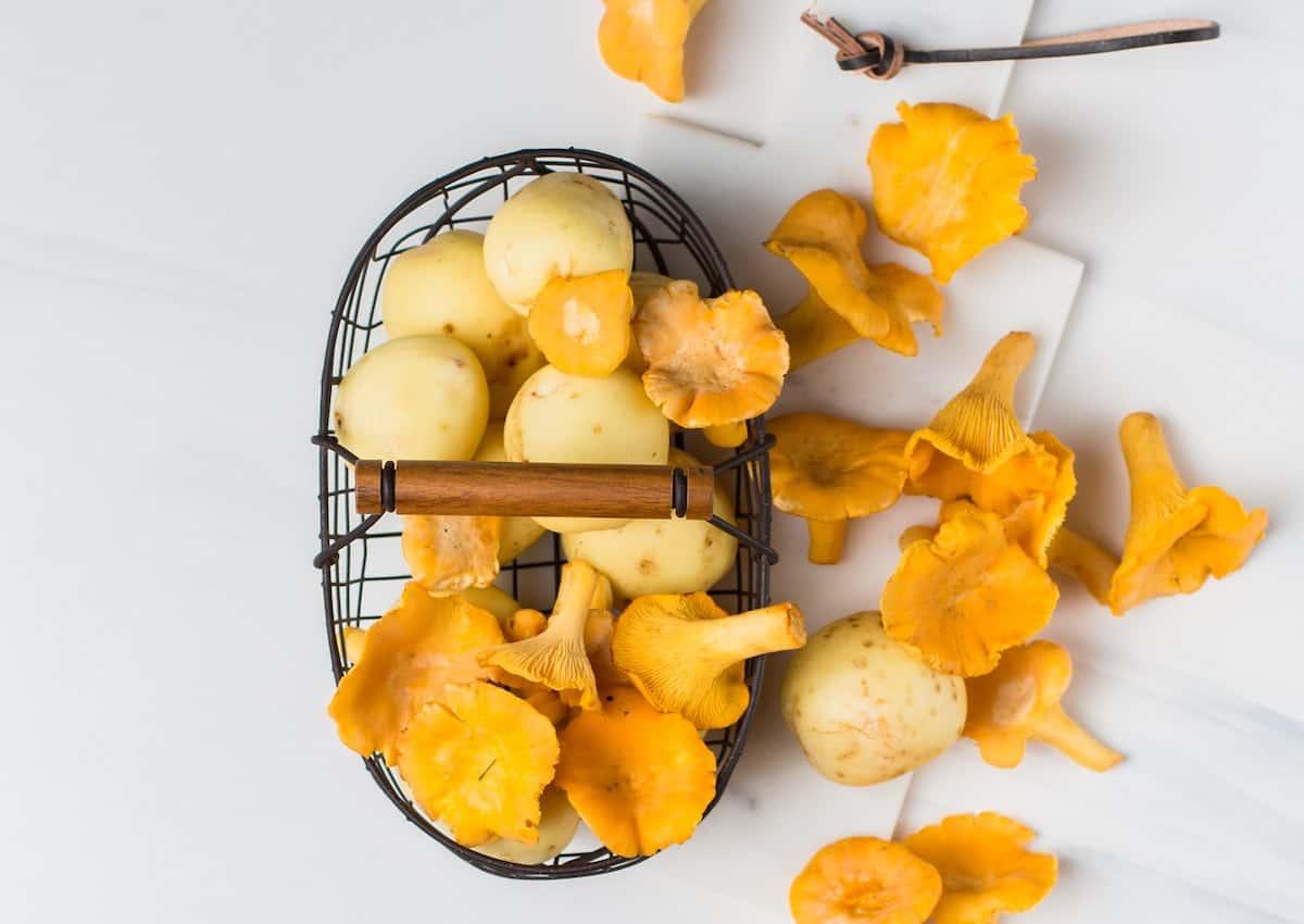 Assorted wild mushrooms in a wire basket on a white surface.