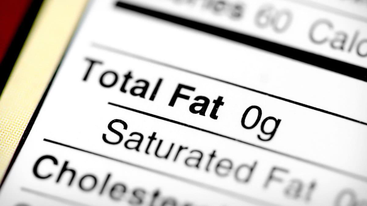 A close-up view of a nutrition label showing "Total Fat 0g" and "Saturated" in bold text.