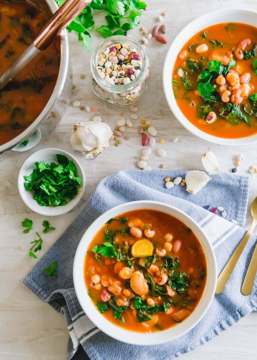 Mixed bean soup made in the Instant Pot with Tuscan kale and a tomato base.