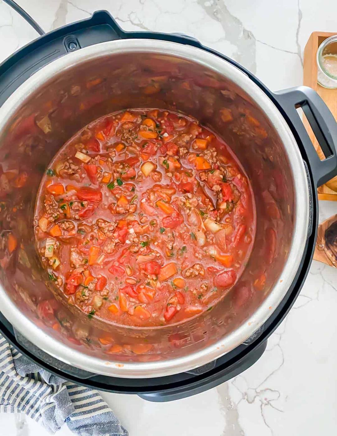 Bolognese sauce after it's cooked in the Instant Pot for 30 minutes.