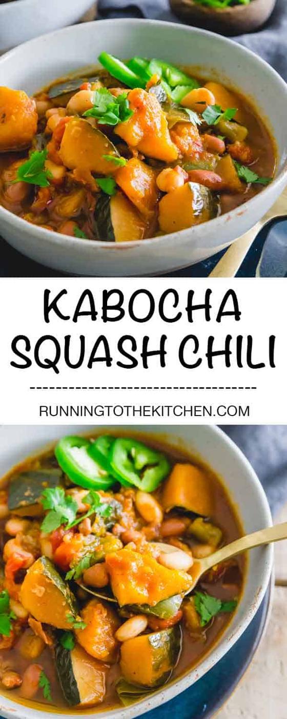 Kabocha squash chili with white beans is an easy vegetarian slow cooker recipe that's hearty, comforting and packed with big flavors. #kabochasquash #kabochasquashchili #slowcookerchili
