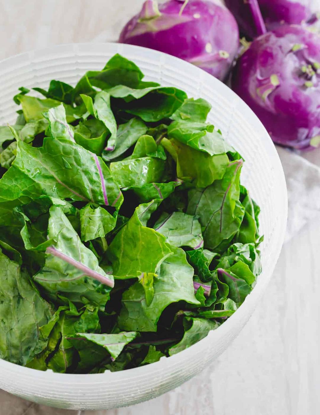 Washed and chopped kohlrabi greens.