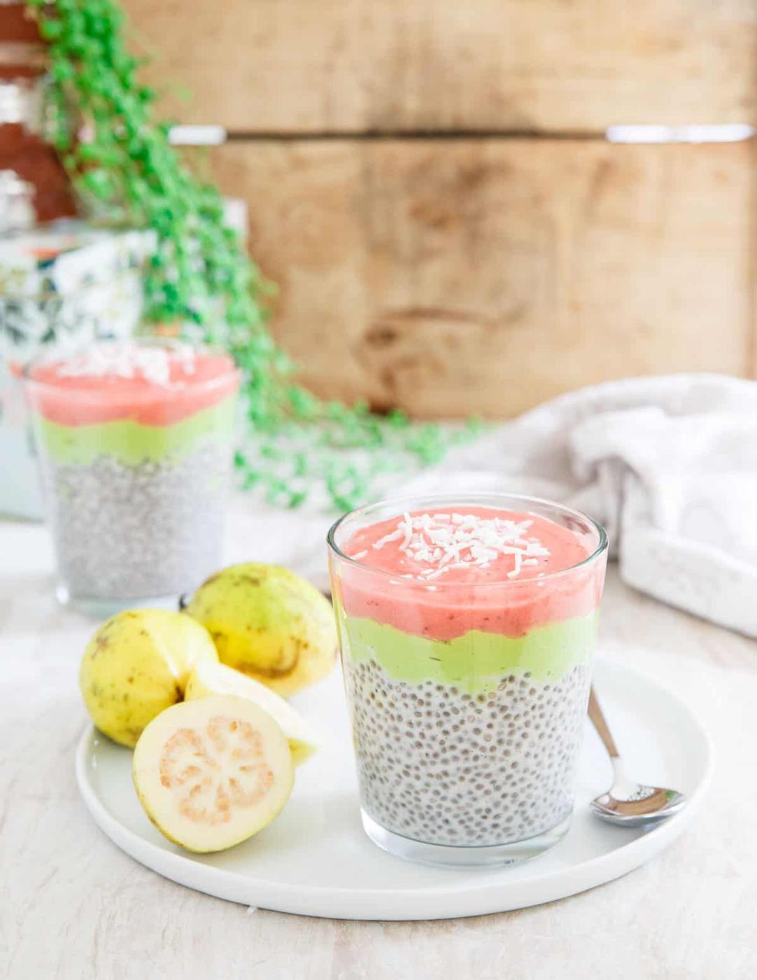 This guava chia pudding has a vanilla chia base, a creamy avocado banana middle layer and a sweet and tangy strawberry guava jam topping.