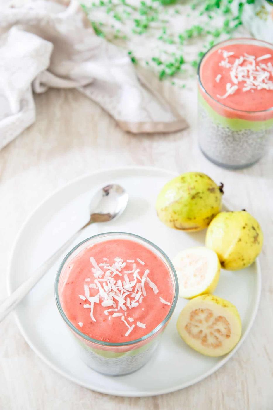 This chia pudding has a vanilla bottom, avocado banana middle and tangy sweet guava strawberry top.