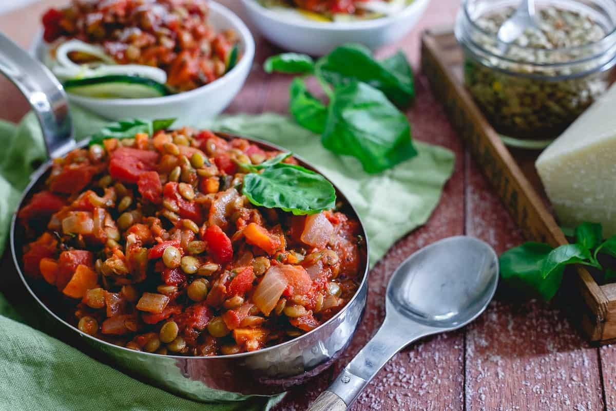 Lentil bolognese is a lighter, vegetarian option for the hearty Italian sauce. Goes great over summer squash noodles or your favorite pasta.