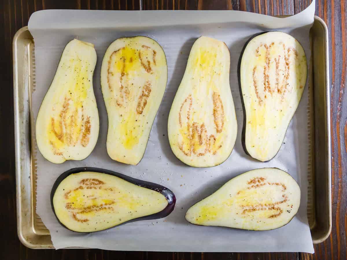 Eggplant slices are pre-baked before stuffing with a lentil, tomato and greens mixture.