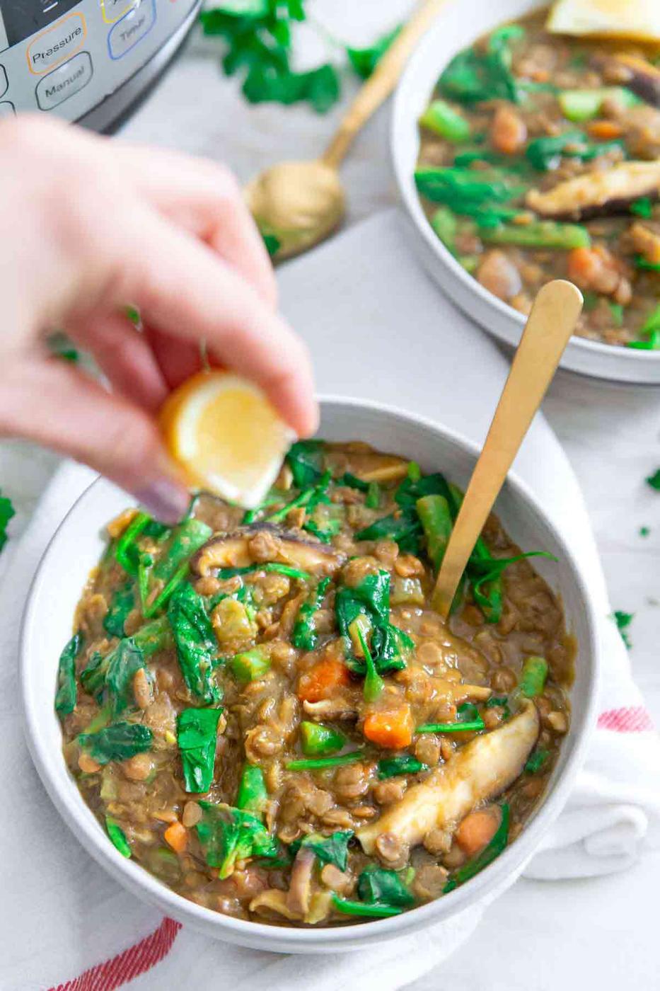 This easy lentil vegetable soup is vegan and gluten-free and made in the pressure cooker for a cozy and simple meal.