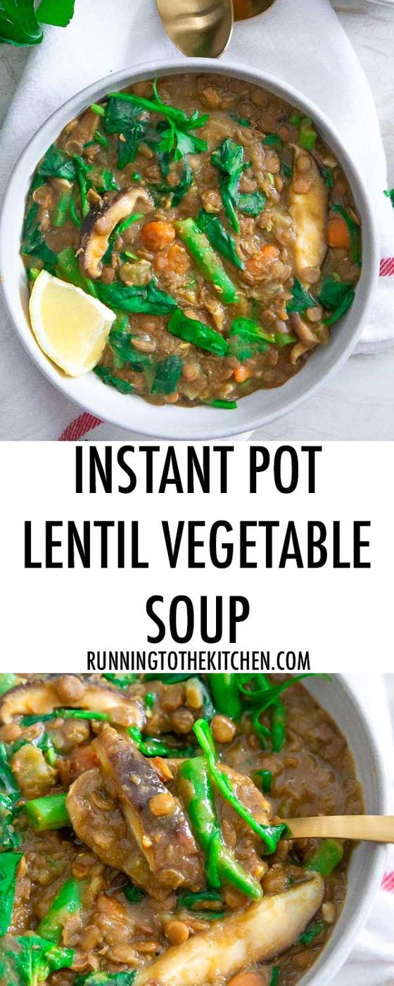 Lentil vegetable soup packed with spinach, green beans and mushrooms is a cozy, comforting and delicious vegan and gluten-free meal.