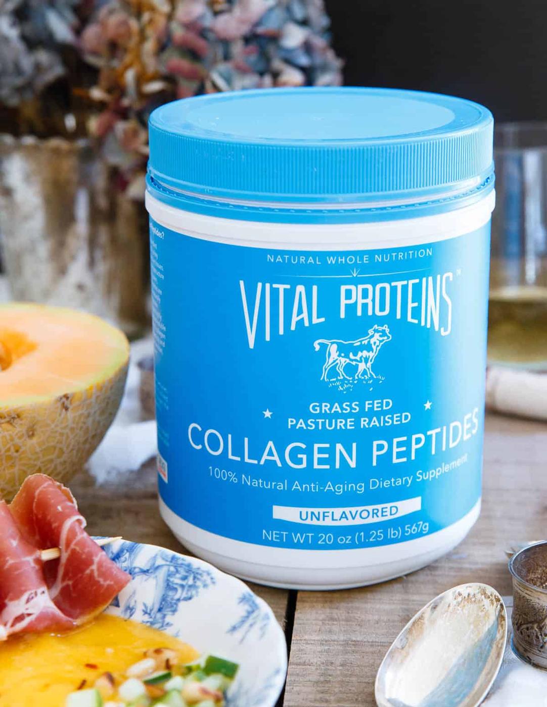 Vital Proteins collagen peptides add a nice protein boost to this Mango Melon Soup with Pickled Cucumber