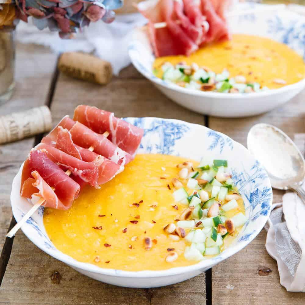 Chilled Mango Melon Soup with Pickled Cucumber