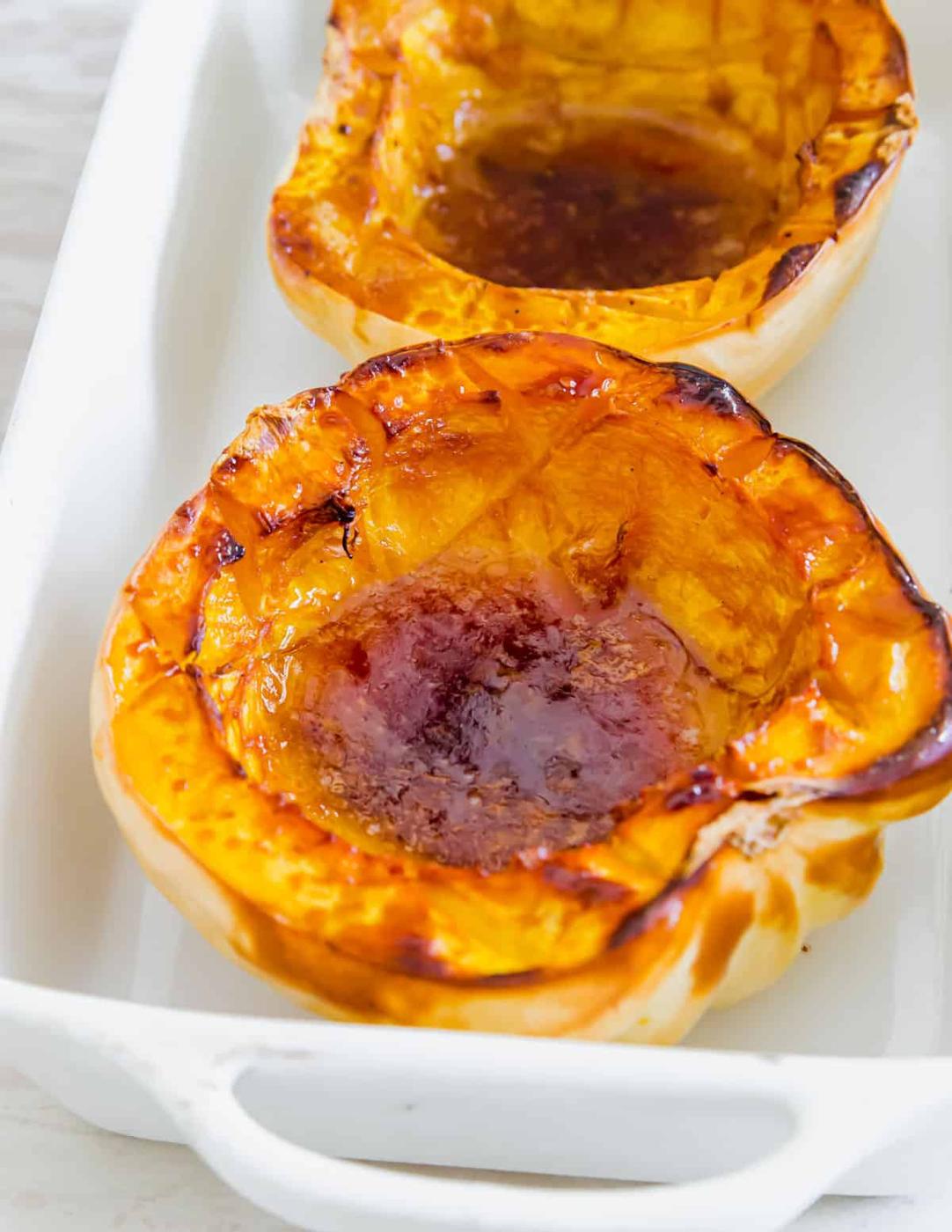maple baked white acorn squash after baking