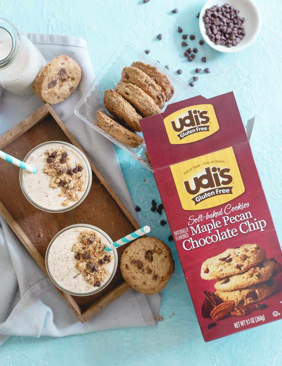 Use Udi's gluten free maple pecan chocolate chip cookies in this healthier smoothie for a deliciously decadent gluten-free treat!