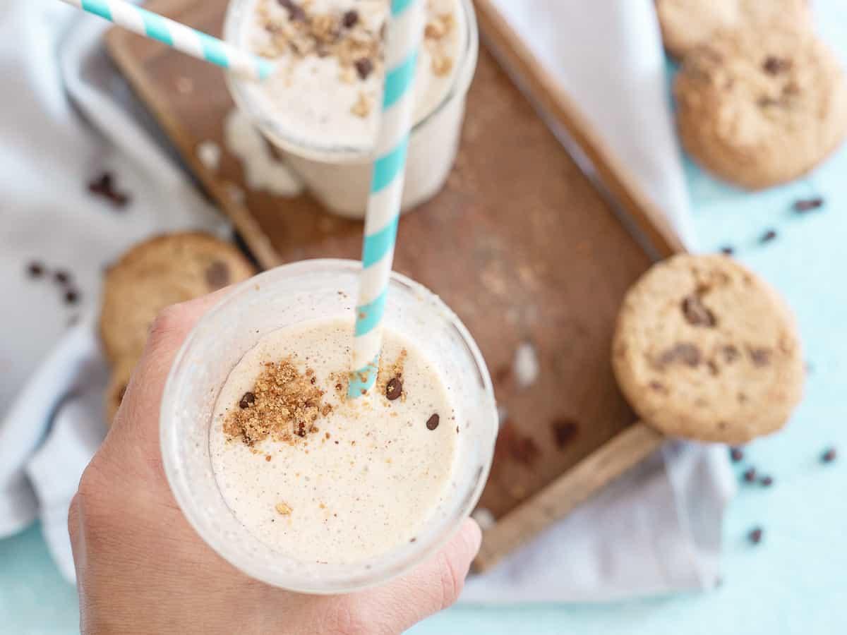 Chocolate chip cookies, creamy cashew butter, maple and pecans all combine in this gluten-free milkshake summer treat!