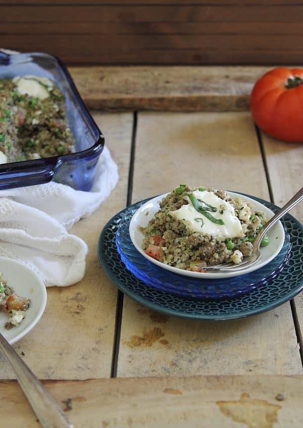 Beef pesto quinoa bake is an easy throw together dinner casserole perfect for feeding the family during the week.