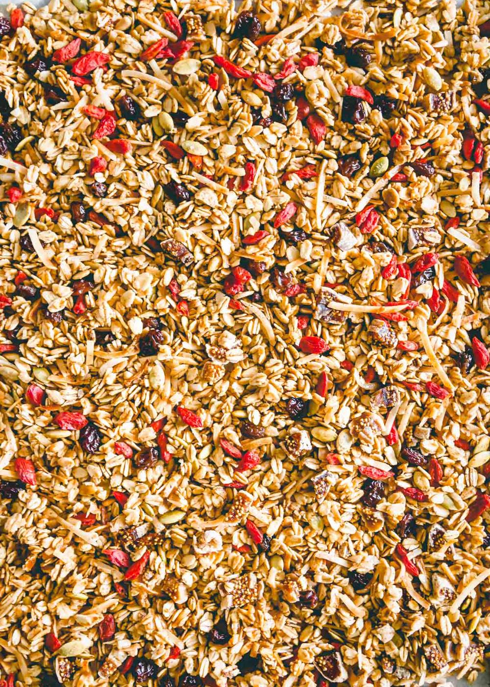 no nut granola drying on baking sheet with goji berries, raisins and figs
