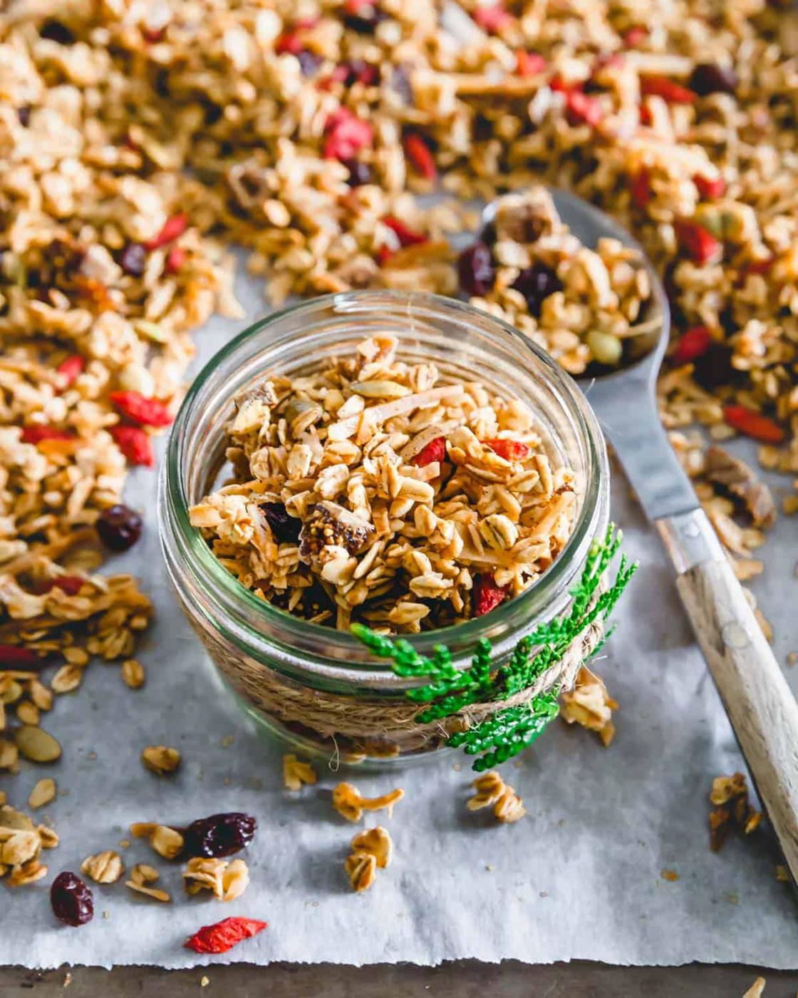 Homemade nut free granola is great for gifting since it's gluten-free, vegan and made without any nuts!