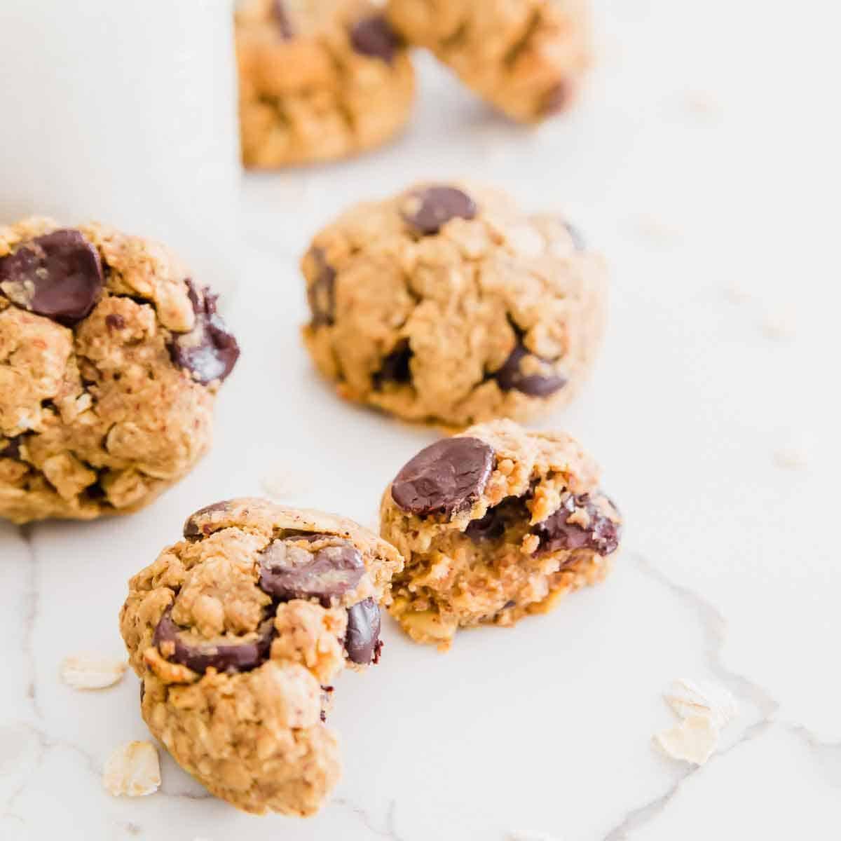 Gluten-free and vegan oatmeal chocolate chip cookies made with almond pulp