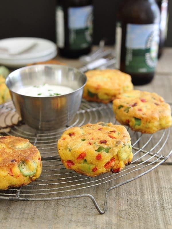 Okra cornmeal cakes with cilantro lime yogurt dip