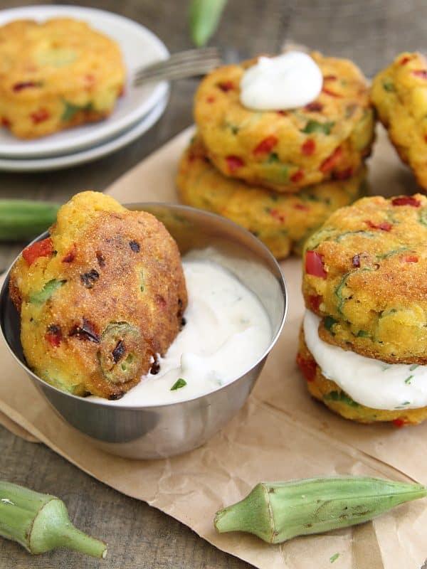 Fried okra cornmeal cakes with cilantro lime yogurt dip