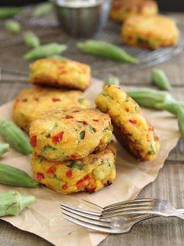 Okra Cornmeal Cakes with Cilantro Lime Yogurt Dip