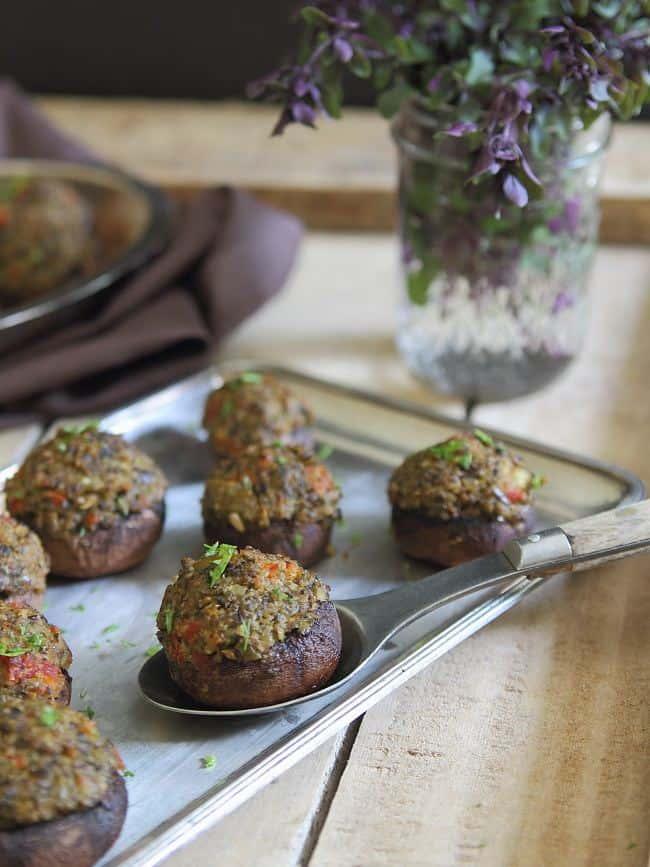 Olive and roasted garlic tapenade stuffed mushrooms
