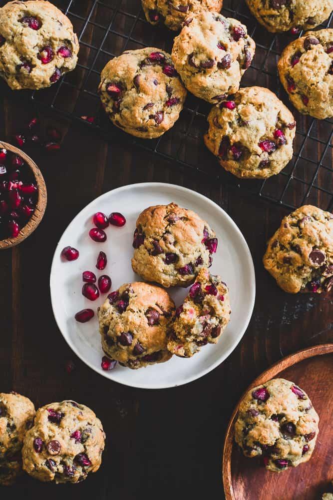 Sweet, tart pomegranates and orange flavor make these chocolate chip oatmeal cookies a lovely winter treat!