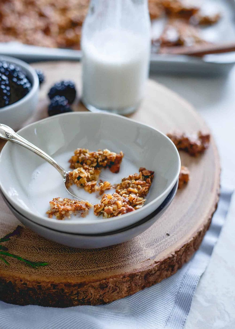 Crunchy, sweet and full of wintertime spices, this gingerbread granola is also paleo friendly and a deliciously festive breakfast or snack.